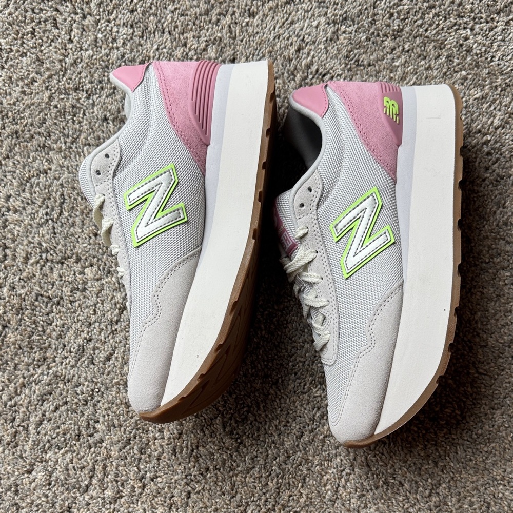New Balance Women's Athletic Sneakers in Light Gray, Pink & Neon Green - Picture 2 of 5